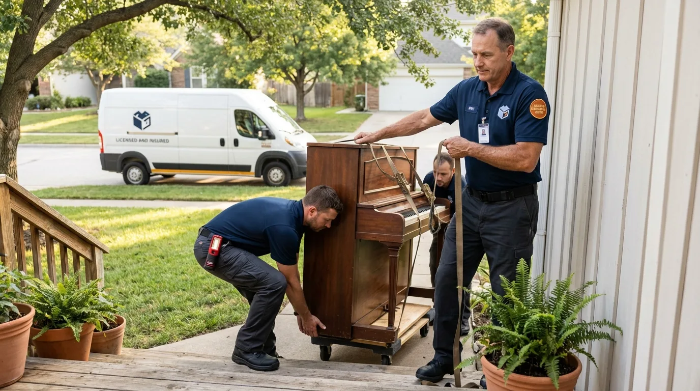 Licensed piano movers securing grand piano in Fort Morgan, CO