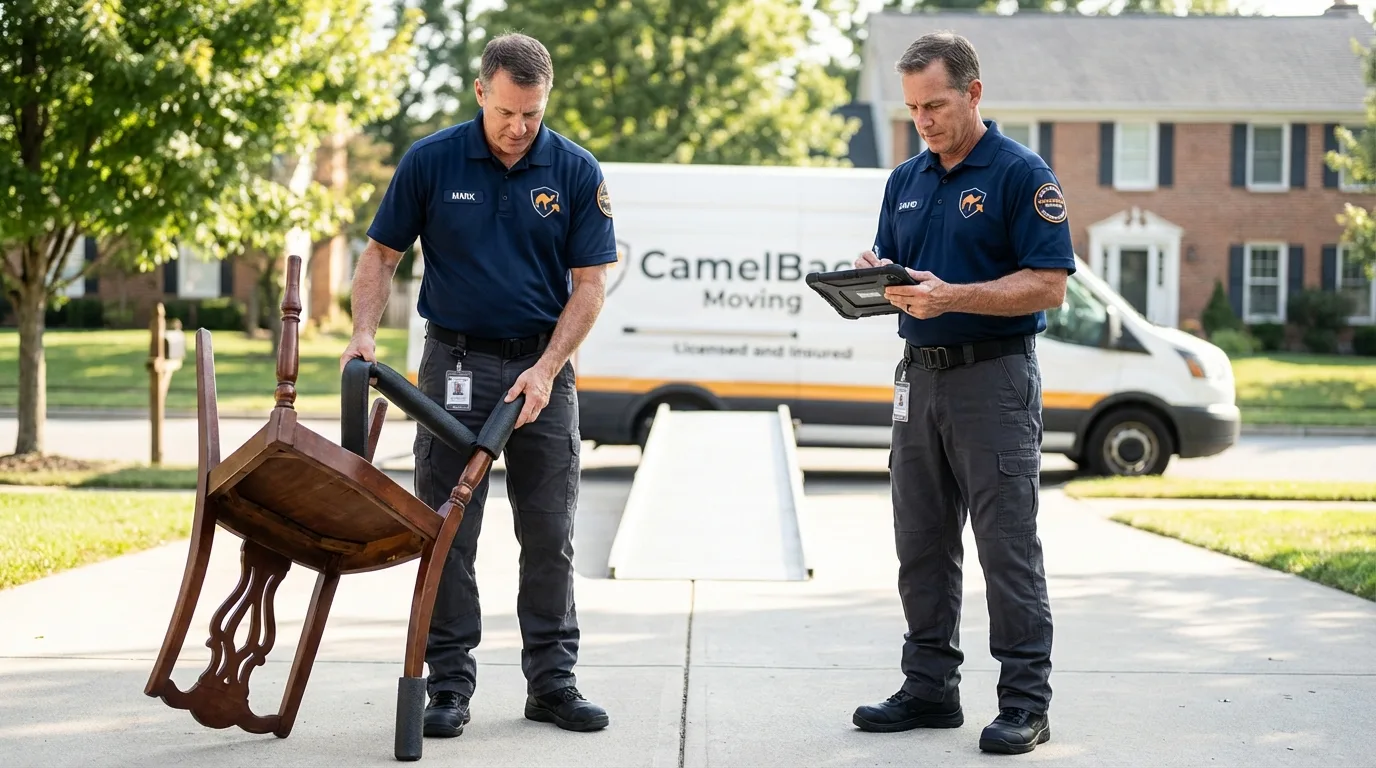 Movers inspecting furniture for damage prevention before loading in Fort Morgan, CO