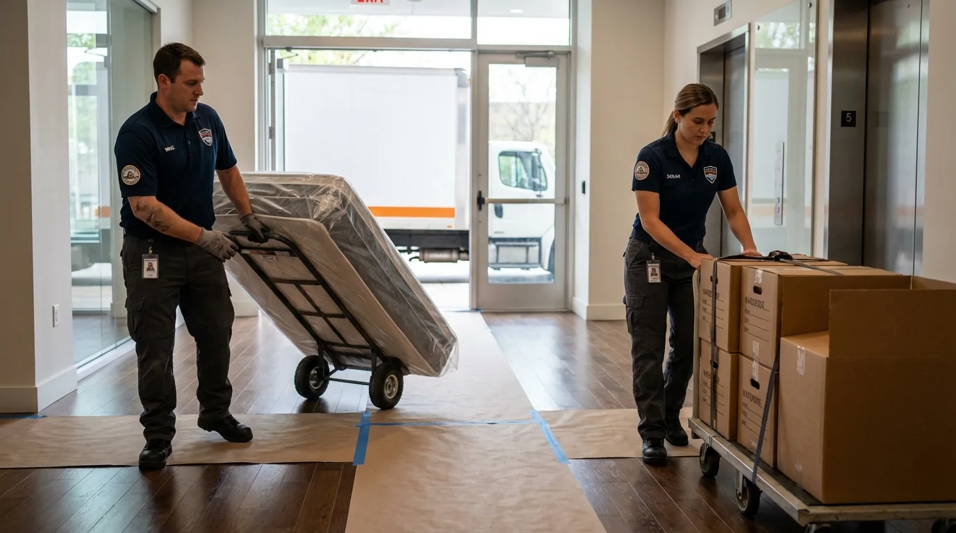 Professional apartment movers loading elevator in Fort Morgan, CO