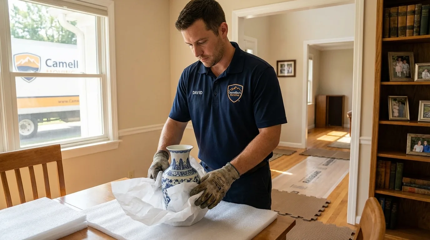 Professional crew carefully wrapping antique vase for senior downsizing move in Fort Morgan, CO